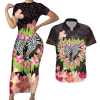 Polynesia Valentine's Day Couples Matching Short Sleeve Bodycon Dress and Hawaiian Shirt Hammerhead Shark Plumeria With Polynesian Pattern LT14 Black - Polynesian Pride