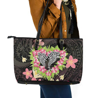 Polynesia Valentine's Day Leather Tote Bag Hammerhead Shark Plumeria With Polynesian Pattern
