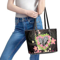 Polynesia Valentine's Day Leather Tote Bag Hammerhead Shark Plumeria With Polynesian Pattern