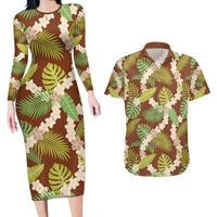 Brown Hawaii Plumeria Lei With Tropical Leaves Couples Matching Long Sleeve Bodycon Dress and Hawaiian Shirt