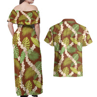 Brown Hawaii Plumeria Lei With Tropical Leaves Couples Matching Off Shoulder Maxi Dress and Hawaiian Shirt