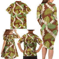 Brown Hawaii Plumeria Lei With Tropical Leaves Family Matching Long Sleeve Bodycon Dress and Hawaiian Shirt