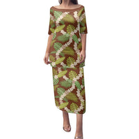 Brown Hawaii Plumeria Lei With Tropical Leaves Family Matching Puletasi and Hawaiian Shirt