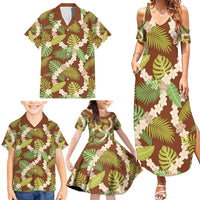 Brown Hawaii Plumeria Lei With Tropical Leaves Family Matching Summer Maxi Dress and Hawaiian Shirt