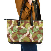 Brown Hawaii Plumeria Lei With Tropical Leaves Leather Tote Bag