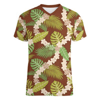 Brown Hawaii Plumeria Lei With Tropical Leaves Women V-Neck T-Shirt LT14 Female Brown - Polynesian Pride