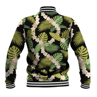 Black Hawaii Plumeria Lei With Tropical Leaves Baseball Jacket