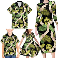 Black Hawaii Plumeria Lei With Tropical Leaves Family Matching Long Sleeve Bodycon Dress and Hawaiian Shirt