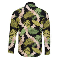 Black Hawaii Plumeria Lei With Tropical Leaves Family Matching Long Sleeve Bodycon Dress and Hawaiian Shirt