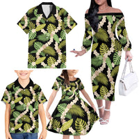 Black Hawaii Plumeria Lei With Tropical Leaves Family Matching Off The Shoulder Long Sleeve Dress and Hawaiian Shirt