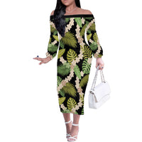 Black Hawaii Plumeria Lei With Tropical Leaves Family Matching Off The Shoulder Long Sleeve Dress and Hawaiian Shirt