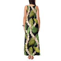 Black Hawaii Plumeria Lei With Tropical Leaves Tank Maxi Dress