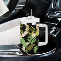 Black Hawaii Plumeria Lei With Tropical Leaves Tumbler With Handle