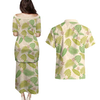 Beige Hawaii Plumeria Lei With Tropical Leaves Couples Matching Puletasi and Hawaiian Shirt
