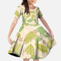 Beige Hawaii Plumeria Lei With Tropical Leaves Family Matching Off Shoulder Maxi Dress and Hawaiian Shirt