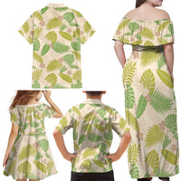 Beige Hawaii Plumeria Lei With Tropical Leaves Family Matching Off Shoulder Maxi Dress and Hawaiian Shirt