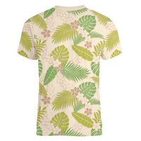 Beige Hawaii Plumeria Lei With Tropical Leaves Women V-Neck T-Shirt