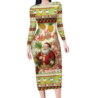Hawaiian Santa Aloha Pineapple Christmas Family Matching Long Sleeve Bodycon Dress and Hawaiian Shirt Mele Kalikimaka LT15 Mom's Dress Cream - Polynesian Pride