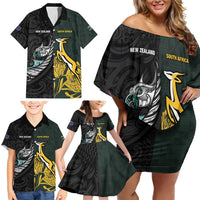 New Zealand and South Africa Rugby Custom Family Matching Off Shoulder Short Dress and Hawaiian Shirt Silver Fern With Springboks