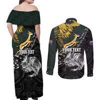 New Zealand and South Africa Rugby Personalised Couples Matching Off Shoulder Maxi Dress and Long Sleeve Button Shirt Maori Kiwi With Springboks