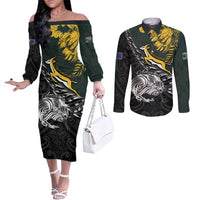 New Zealand and South Africa Rugby Personalised Couples Matching Off The Shoulder Long Sleeve Dress and Long Sleeve Button Shirt Maori Kiwi With Springboks