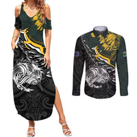 New Zealand and South Africa Rugby Personalised Couples Matching Summer Maxi Dress and Long Sleeve Button Shirt Maori Kiwi With Springboks