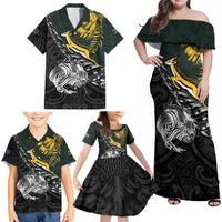 New Zealand and South Africa Rugby Personalised Family Matching Off Shoulder Maxi Dress and Hawaiian Shirt Maori Kiwi With Springboks