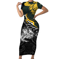 New Zealand and South Africa Rugby Personalised Family Matching Short Sleeve Bodycon Dress and Hawaiian Shirt Maori Kiwi With Springboks