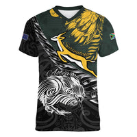 New Zealand and South Africa Rugby Personalised Women V-Neck T-Shirt Maori Kiwi With Springboks
