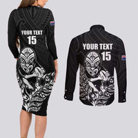 New Zealand Silver Fern Rugby Custom Couples Matching Long Sleeve Bodycon Dress and Long Sleeve Button Shirt Maori Tiki Black Version