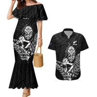 New Zealand Silver Fern Rugby Custom Couples Matching Mermaid Dress and Hawaiian Shirt Maori Tiki Black Version