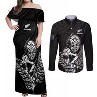 New Zealand Silver Fern Rugby Custom Couples Matching Off Shoulder Maxi Dress and Long Sleeve Button Shirt Maori Tiki Black Version