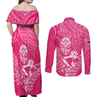 New Zealand Silver Fern Rugby Custom Couples Matching Off Shoulder Maxi Dress and Long Sleeve Button Shirt Maori Tiki Pink Version