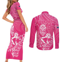 New Zealand Silver Fern Rugby Custom Couples Matching Short Sleeve Bodycon Dress and Long Sleeve Button Shirt Maori Tiki Pink Version