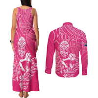 New Zealand Silver Fern Rugby Custom Couples Matching Tank Maxi Dress and Long Sleeve Button Shirt Maori Tiki Pink Version