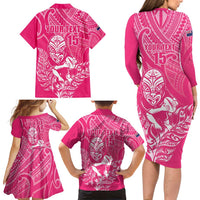 New Zealand Silver Fern Rugby Custom Family Matching Long Sleeve Bodycon Dress and Hawaiian Shirt Maori Tiki Pink Version