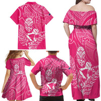 New Zealand Silver Fern Rugby Custom Family Matching Off Shoulder Maxi Dress and Hawaiian Shirt Maori Tiki Pink Version