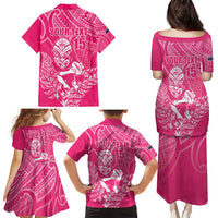New Zealand Silver Fern Rugby Custom Family Matching Puletasi and Hawaiian Shirt Maori Tiki Pink Version