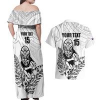 New Zealand Silver Fern Rugby Custom Couples Matching Off Shoulder Maxi Dress and Hawaiian Shirt Maori Tiki White Version
