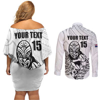 New Zealand Silver Fern Rugby Custom Couples Matching Off Shoulder Short Dress and Long Sleeve Button Shirt Maori Tiki White Version