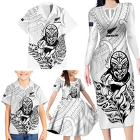 New Zealand Silver Fern Rugby Custom Family Matching Long Sleeve Bodycon Dress and Hawaiian Shirt Maori Tiki White Version