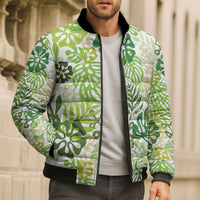 Green Aloha Hawaiian Bomber Puffer Jacket Monstera Hibiscus Tropical Pattern LT19 - Polynesian Pride