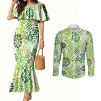 Green Aloha Hawaiian Couples Matching Mermaid Dress and Long Sleeve Button Shirt Monstera Hibiscus Tropical Pattern LT19 Green - Polynesian Pride