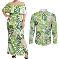 Green Aloha Hawaiian Couples Matching Off Shoulder Maxi Dress and Long Sleeve Button Shirt Monstera Hibiscus Tropical Pattern LT19 Green - Polynesian Pride