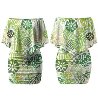 Green Aloha Hawaiian Couples Matching Off Shoulder Short Dress and Long Sleeve Button Shirt Monstera Hibiscus Tropical Pattern LT19 - Polynesian Pride