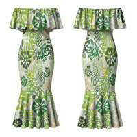 Green Aloha Hawaiian Family Matching Mermaid Dress and Hawaiian Shirt Monstera Hibiscus Tropical Pattern