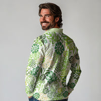 Green Aloha Hawaiian Long Sleeve Polo Shirt Monstera Hibiscus Tropical Pattern LT19 - Polynesian Pride