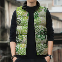 Green Aloha Hawaiian Sleeveless Puffer Jacket Monstera Hibiscus Tropical Pattern