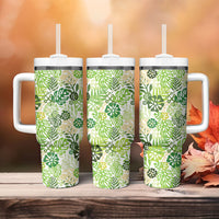 Green Aloha Hawaiian Tumbler With Handle Monstera Hibiscus Tropical Pattern LT19 - Polynesian Pride