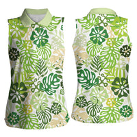 Green Aloha Hawaiian Women Sleeveless Polo Shirt Monstera Hibiscus Tropical Pattern